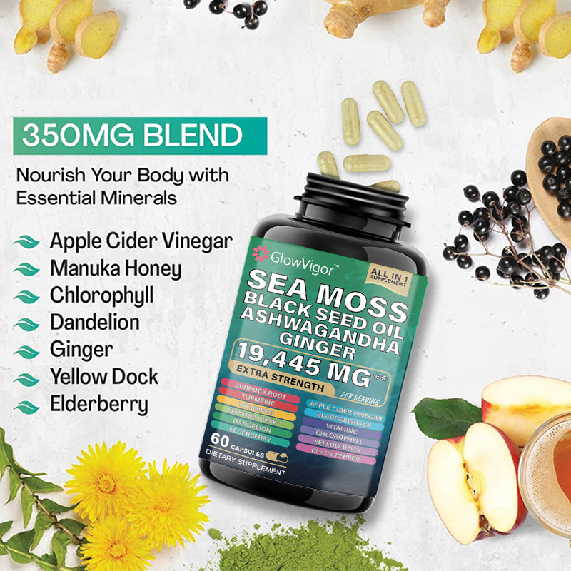 GlowVigor Sea Moss 7000mg Black Seed Oil 4000mg Ashwagandha 2000mg Turmeric 2000mg Bladderwrack 2000mg Burdock 2000mg & Ginger Vitamin C Vitamin D3